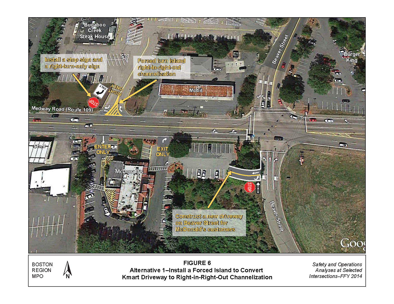 FIGURE 6. Aerial-view map that portrays MPO staff “Improvement Alternative 1,” which recommends right-in-right-out channelization at the Kmart driveway and constructing a new driveway on Beaver Street for McDonald’s customers.